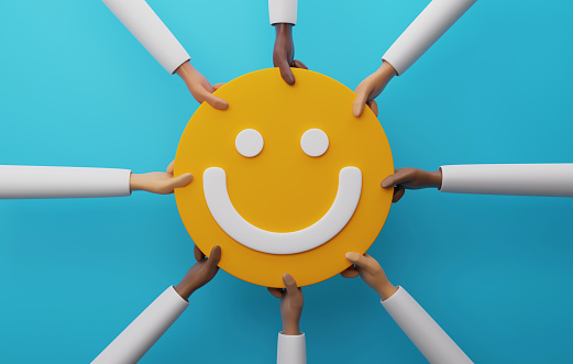 Smiling faces on hands of multiethnic people happy smile share happiness positive mind Satisfying experience mental health assessment. 3d render illustration.