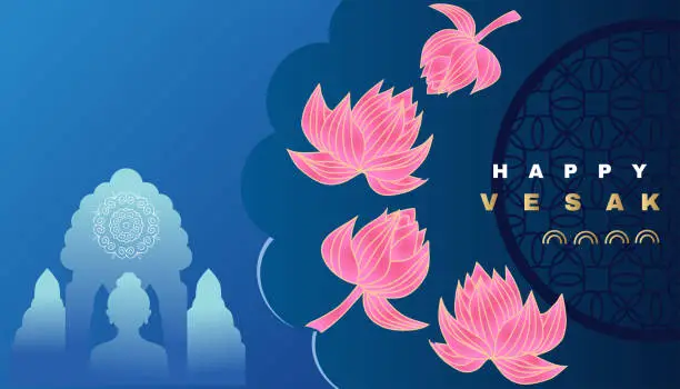Vector illustration of Happy Vesak Day   Budha Purnima Background With Budha Statue Silhouet  Pink Lotus,   Budhaism Celebration, Budha's anniversary, Waisak  Buddha Purnima Background. Vector Illustration
