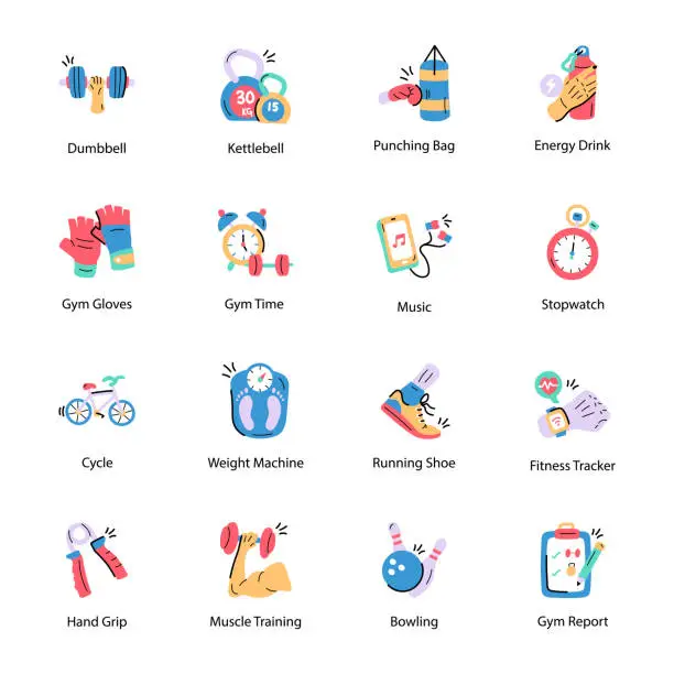 Vector illustration of Trendy Collection of Workout Hand Drawn Icons