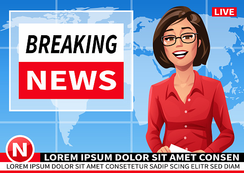 A female news anchor wearing a red blouse and glasses sitting in a television studio reading the news in front of world map. Vector illustration with space for text.