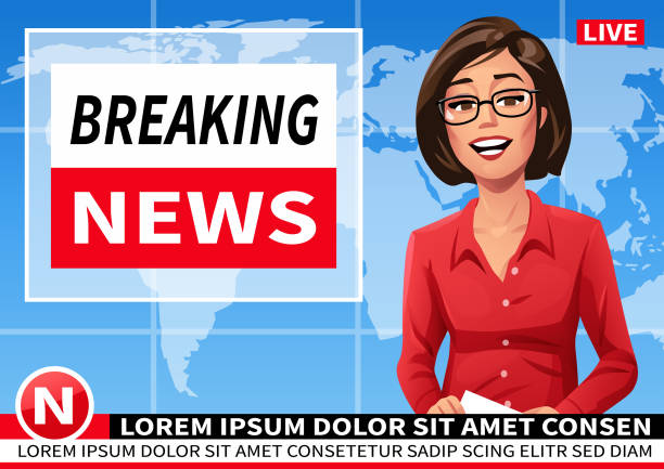 Breaking NEWS- Female News Anchor A female news anchor wearing a red blouse and glasses sitting in a television studio reading the news in front of world map. Vector illustration with space for text. newsreader stock illustrations