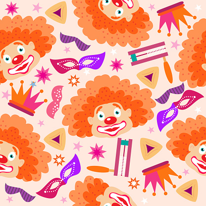 Happy Purim - holiday  jewish carnival  template seamless pattern  Carnival mask, Hamantashen, confetti, clown, garland, crown, firework  Vector festive design illustration