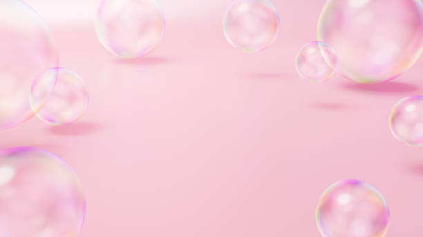 istock 3D Illustration.Space with multiple soap bubbles on pink background. (Horizontal) 1458131958