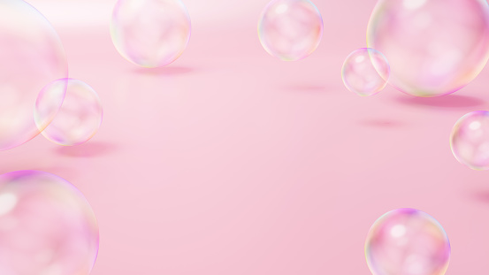 3D Illustration.Space with multiple soap bubbles on pink background. (Horizontal)