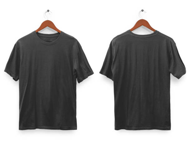 istock Black t-shirt mock up, front and back view, isolated. Plain black shirt mockup. Tshirt design template 1458133068