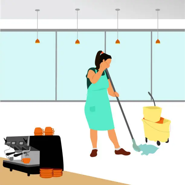 Vector illustration of Store Employee Cleaning Mint Apron