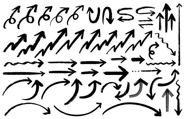 ilustraciones, imágenes clip art, dibujos animados e iconos de stock de conjunto de flechas monocromáticas dibujadas a mano. datos vectoriales fáciles de usar. - flechas