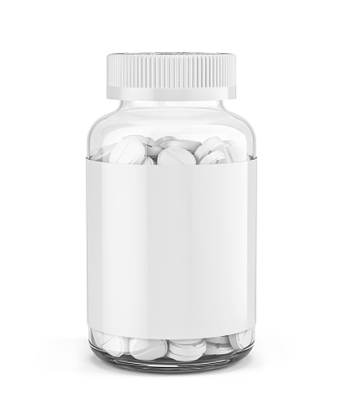 Transparent Plastic bottle with round pills isolated on white background. Medical, cosmetic mockup. 3d rendering