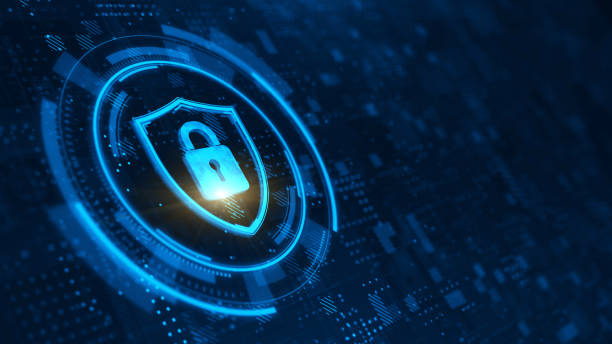 istock Shield and padlock. Abstract illustration on dark blue. Protect and Security concept. Digital Shield and padlock on abstract technology background. 3d rendering 1458142253