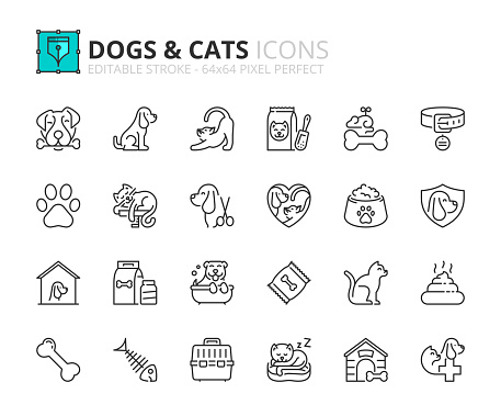 Outline icons about dogs and cats. Pets. Editable stroke. 64x64 pixel perfect.