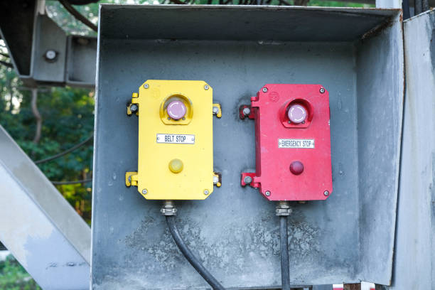 istock Belt stop button and emergency stop button for industrial machine, Emergency stop for safety. Big Red emergency button or stop button for manual pressing. 1458142787