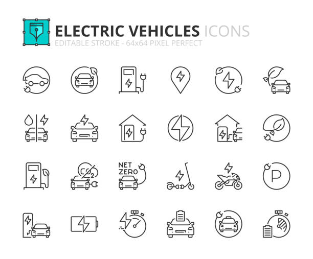 Simple set of outline icons about electric vehicles. Sustainable development Line icons about electric vehicles. Sustainable development Contains such icons as electric car, motorbike, scooter, battery and charging station. Editable stroke Vector 64x64 pixel perfect battery charger stock illustrations