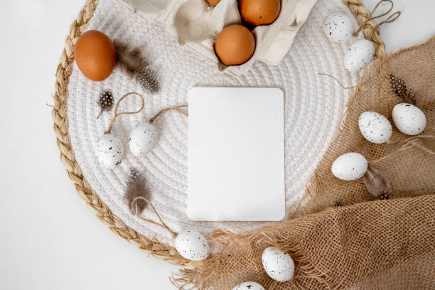 istock Easter mockup with traditional eggs and sack decor 1458144188