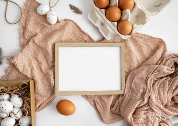 istock Easter mockup with traditional eggs and sack decor 1458144236