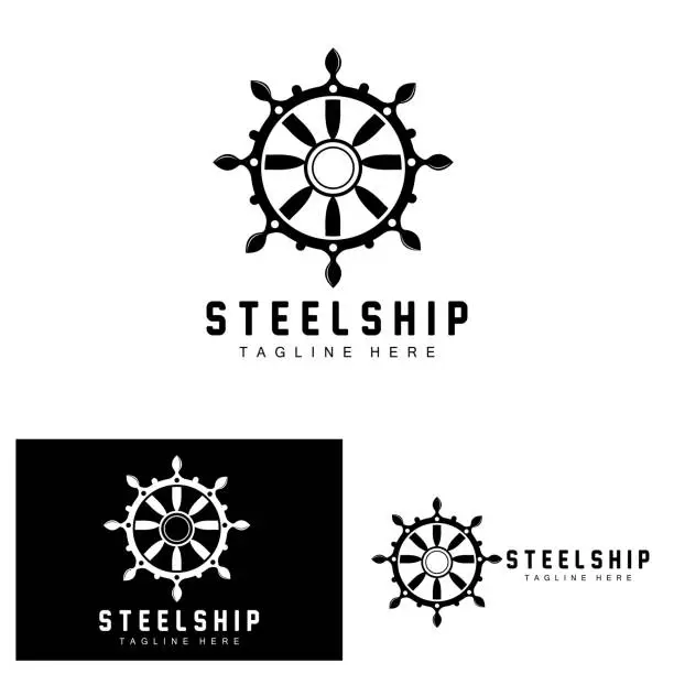 Vector illustration of Ship Steering symbol, Ocean Icons Ship Steering Vector With Ocean Waves, Sailboat Anchor And Rope, Company Brand Sailing Design