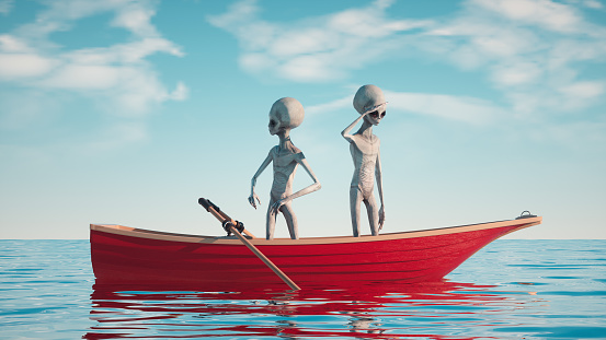 Two aliens standing on a boat in the ocean . Travel and dilemma concept . This is a 3d render illustration .