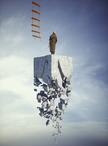 Man standing on a breaking cube and looks up at a ladder . Mental health support and mindset concept . This is a 3d render illustration .