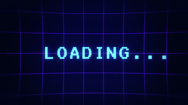Retro videogame LOADING text computer old tv glitch interference noise screen animation seamless loop New quality universal vintage motion dynamic animated background colorful joyful video. Grid move