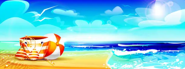 Vector illustration of Welcome to vacation cartoon style. Beach bag with a swimsuit and a ball on the background of a sea landscape.