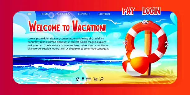 Vector illustration of Summer travel and beach holiday webpage in cartoon style. Lifebuoy with a ball on the background of the sea landscape. Welcome to vacation!