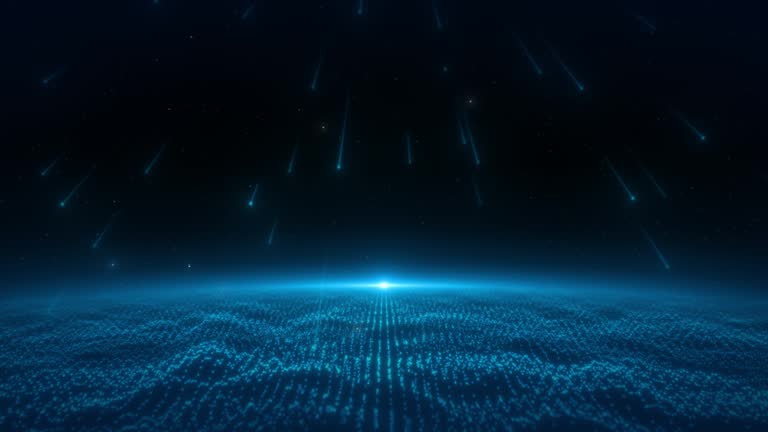 Blue meteor shower falls down with particles, converging into a twinkling ocean wave; An elegant and deep abstract stage background, seamless loop video