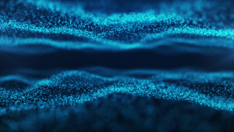 Wave of particles. Abstract background with a double blue wave. Big data. Footage template. Dynamic particles sound wave flowing over dark. Blurred lights movie abstract . Beautiful wave shaped