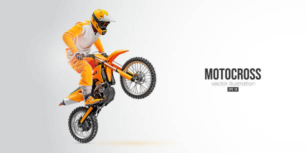 illustrazioni stock, clip art, cartoni animati e icone di tendenza di silhouette realistica di un pilota di motocross, l'uomo sta facendo un trucco, isolato su sfondo bianco. trasporto sportivo moto enduro. illustrazione vettoriale - dirt jumping