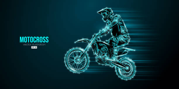 abstrakte silhouette eines motocross-fahrers, mann macht einen trick, isoliert auf schwarzem hintergrund. enduro motorrad sport transport. vektorillustration - land vehicle audio stock-grafiken, -clipart, -cartoons und -symbole