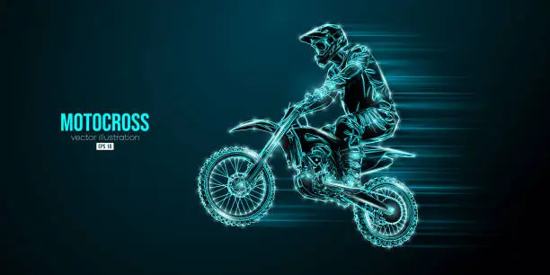 Vector illustration of Abstract silhouette of a motocross rider, man is doing a trick, isolated on black background. Enduro motorbike sport transport. Vector illustration
