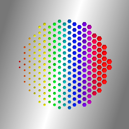 Cut out multi color hexagons in circle, pattern. Horizontal size gradient.