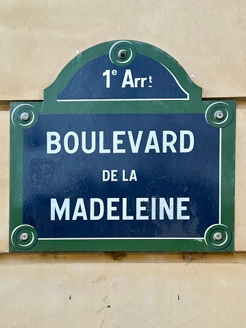 Paris street sign: Boulevard de la Madeleine, 1er Arrondissment, Paris, France