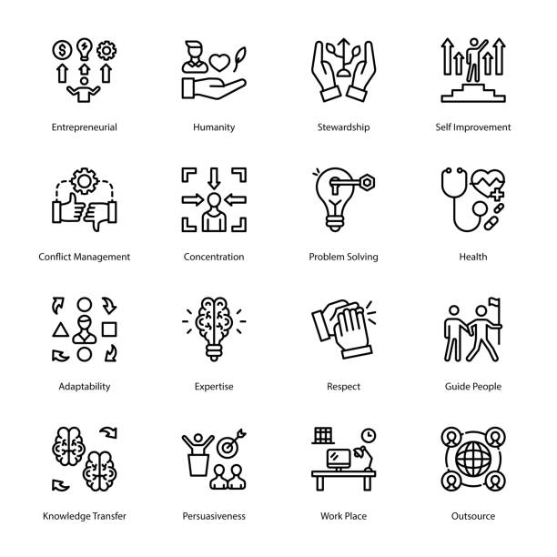 ilustraciones, imágenes clip art, dibujos animados e iconos de stock de emprendedor, humanidad, mayordomía, superación personal, gestión de conflictos, concentración, resolución de problemas, salud, adaptabilidad, experiencia, respeto, iconos de contorno - acariciado, vectores - mejora personal