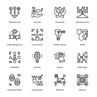 Entrepreneurial, Humanity, Stewardship, Self Improvement, Conflict Management, Concentration, Problem Solving, Health, Adaptability, Expertise, Respect, Outline Icons - Stroked, Vectors