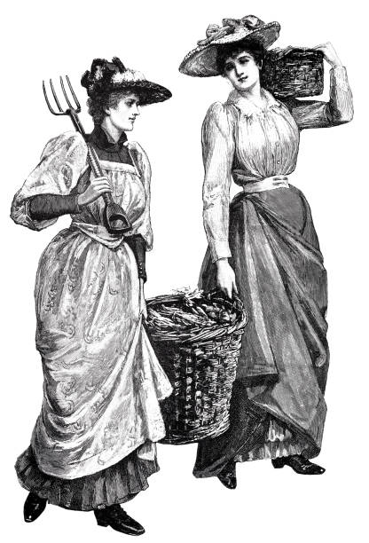 istock Two women in long dresses come from field work, carry full baskets and a fork, white background 1458163709