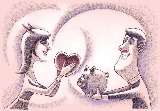 nerd holding piggybank and meeting evil woman with heart - ilustração de arte vetorial