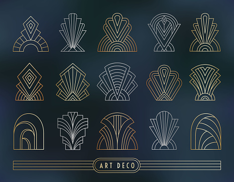 Art Deco style symbol set. Geometric outline signs on the dark gray blue marble textured background. Linear gold, silver, copper colored elements. EPS 10 linear design vector illustration.