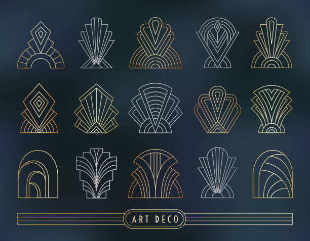 Art Deco style symbol set. Geometric outline signs on the dark gray blue marble textured background. Linear gold, silver, copper colored elements. EPS 10 linear design vector illustration. Art Deco style symbol set. Geometric outline signs on the dark gray blue marble textured background. Linear gold, silver, copper colored elements. EPS 10 linear design vector illustration. art deco stock illustrations