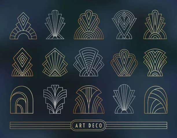 Vector illustration of Art Deco style symbol set. Geometric outline signs on the dark gray blue marble textured background. Linear gold, silver, copper colored elements. EPS 10 linear design vector illustration.