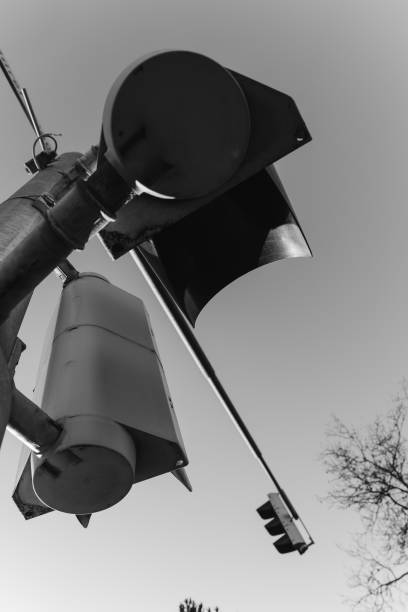 istock traffic light with view from below in black and white 1458165505