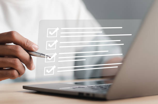 istock Survey form concept. Questionnaire with checkboxes, filling survey form online, answer questions of test. Education futuristic technology and learning concept. 1458169136