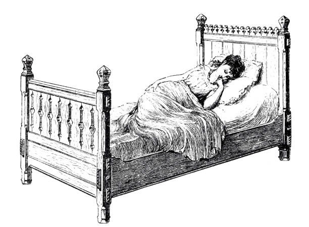 白い背景にベッドに横たわり、あごに手を当てて考える若い女性 - hand on chin illustrations点のイラスト素材／クリップアート素材／マンガ素材／アイコン素材