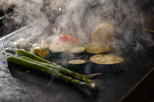 Side view Aparagus and steak on eco grill. Outdoor picnic in summer.Healthy eating. . High quality photo