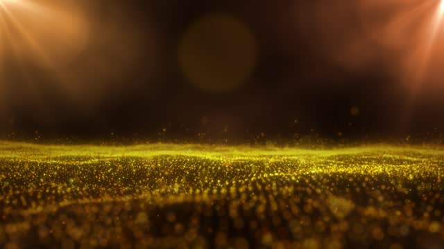 Wave of particles. Abstract background with a golden wave. Big data. Fotage template. Dynamic particles sound wave flowing over dark. Blurred lights movie abstract background. Beautiful wave shaped