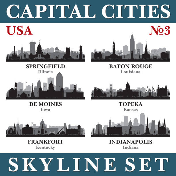 Capital cities skyline set. USA. Part 3 Capital cities skyline set. USA. Vector silhouette background illustration. des moines silhouette stock illustrations