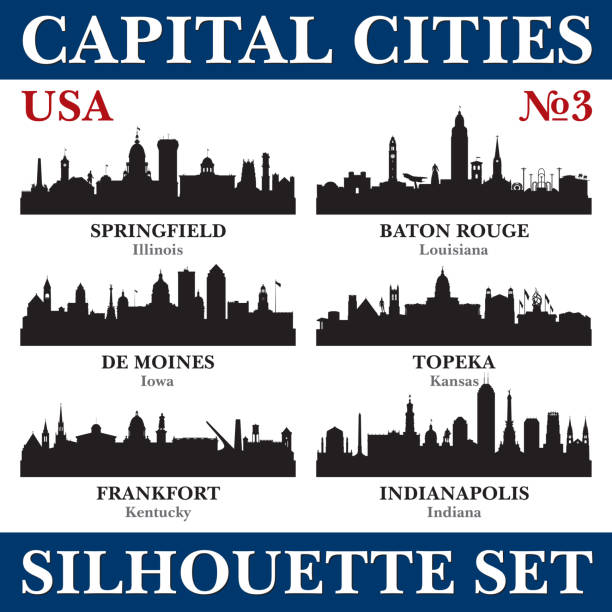 Capital cities skyline set. USA. Part 3 Capital cities skyline set. USA. Vector silhouette background illustration. des moines silhouette stock illustrations