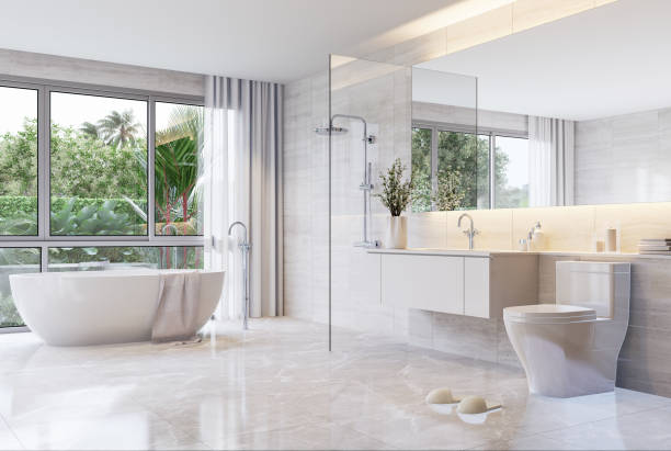 istock Modern luxury white bathroom with garden view 3d render 1458173102
