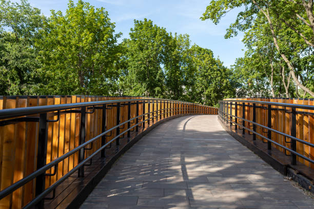 istock Pedestrian bridge in a public park. Footbridge Over Footpath Amidst Trees 1458178335