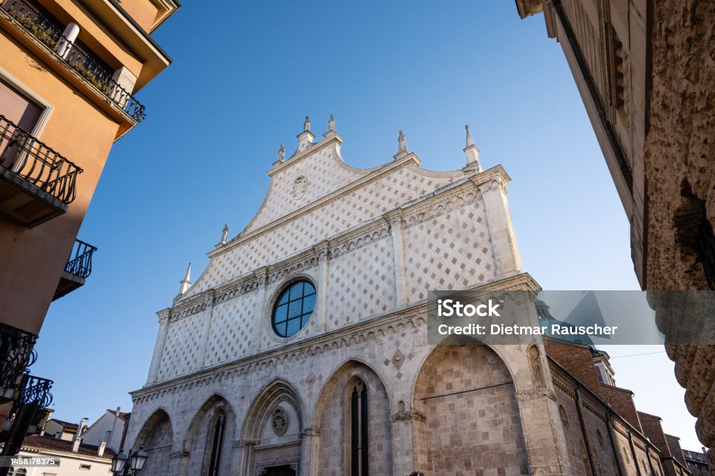 Vicenza Cathedral Gothic Facade, the Duomo di Vicenza in Veneto, Italy Vicenza Cathedral Gothic Facade and Gable or Cattedrale di Santa Maria Annunziata also called Duomo di Vicenza in Veneto, Italy Arch - Architectural Feature Stock Photo