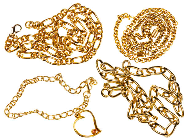 Set of various jewelry chains isolated on white background, each one shot separately