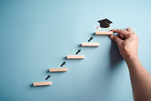 steps of education leading to success goal. taking strategic steps towards graduation. career path and first for business, graduation achievement goals concept. graduation cap on wooden block. - built structure education school education building imagens e fotografias de stock